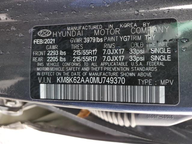 KM8K62AA0MU749370 - 2021 HYUNDAI KONA SEL PLUS GRAY photo 12