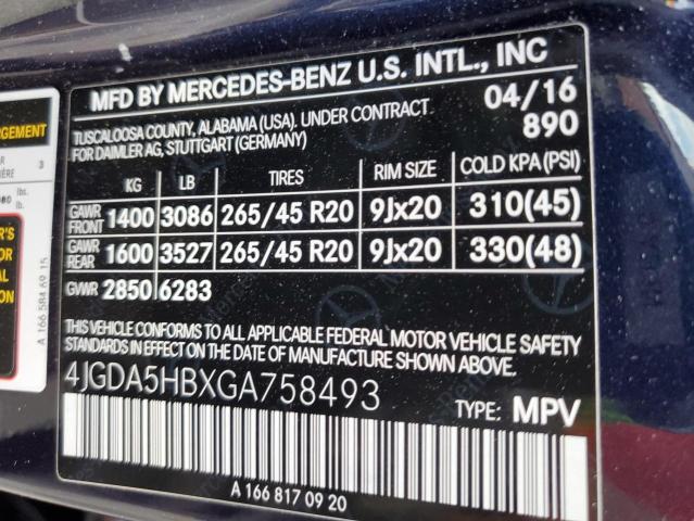 4JGDA5HBXGA758493 - 2016 MERCEDES-BENZ GLE 350 4MATIC BLUE photo 12