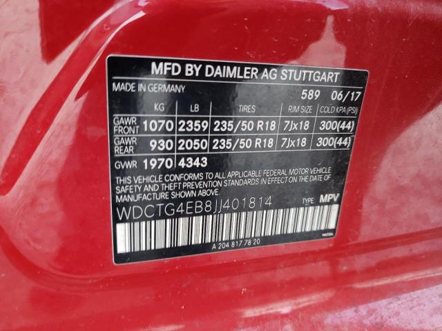 WDCTG4EB8JJ401814 - 2018 MERCEDES-BENZ GLA 250 RED photo 12