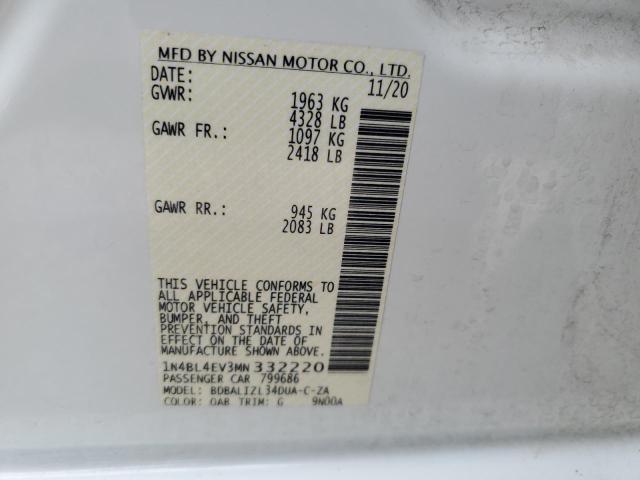 1N4BL4EV3MN332220 - 2021 NISSAN ALTIMA SL WHITE photo 13