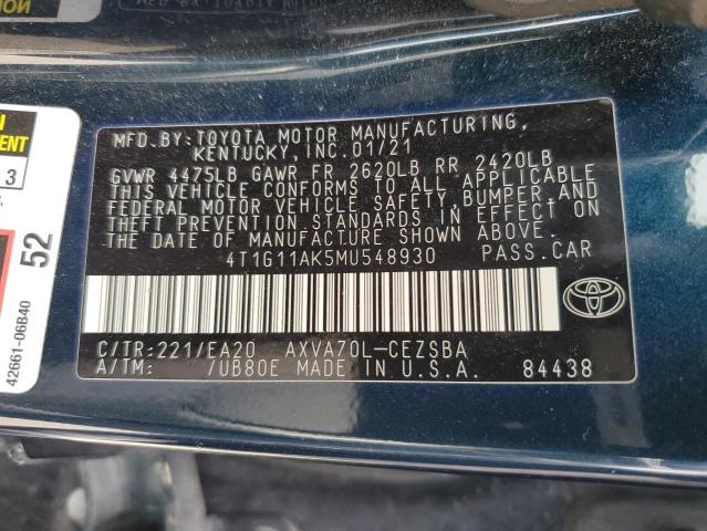 4T1G11AK5MU548930 - 2021 TOYOTA CAMRY SE BLUE photo 12