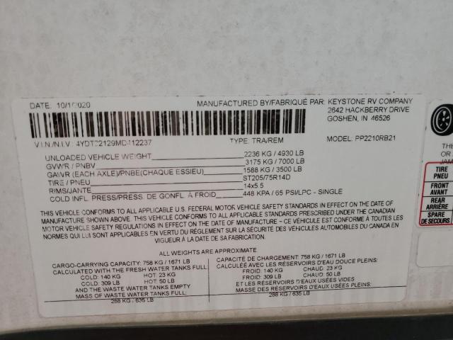 4YDT22129MD412237 - 2021 KEYSTONE PASSPORT WHITE photo 10