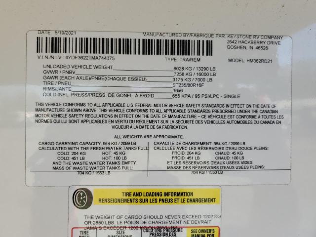 4YDF36221MA744075 - 2021 KEYSTONE MONTANA 双色 照片 10