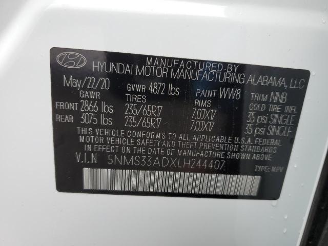 5NMS33ADXLH244407 - 2020 HYUNDAI SANTA FE SEL WHITE photo 12