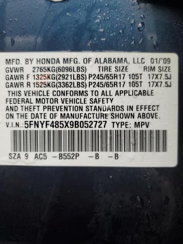 5FNYF485X9B052727 - 2009 HONDA PILOT EXL BLUE photo 13