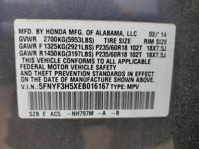 5FNYF3H5XEB016167 - 2014 HONDA PILOT EXL CHARCOAL photo 12