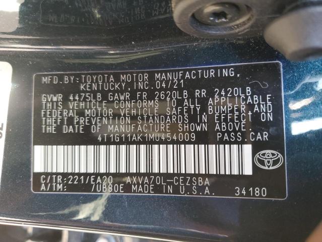 4T1G11AK1MU454009 - 2021 TOYOTA CAMRY SE BLUE photo 12