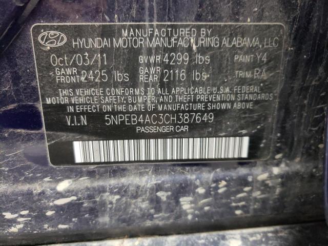 5NPEB4AC3CH387649 - 2012 HYUNDAI SONATA GLS BLUE photo 12