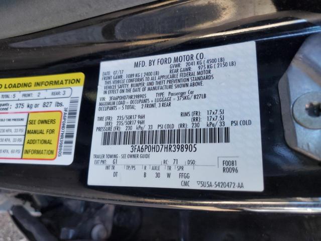 3FA6P0HD7HR398905 - 2017 FORD FUSION SE BLACK photo 12