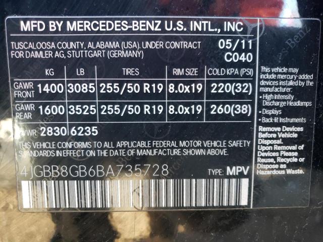 4JGBB8GB6BA735728 - 2011 MERCEDES-BENZ ML 350 4MATIC BLACK photo 13
