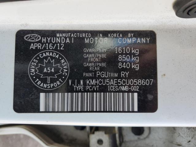 KMHCU5AE5CU058607 - 2012 HYUNDAI ACCENT GLS WHITE photo 12