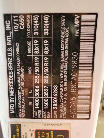 4JGDA5HB8CA019830 - 2012 MERCEDES-BENZ ML 350 4MATIC WHITE photo 12