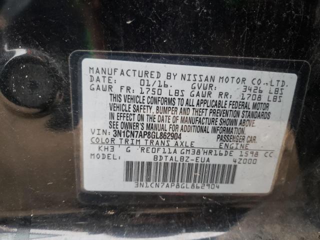 3N1CN7AP8GL862904 - 2016 NISSAN VERSA S BLACK photo 12