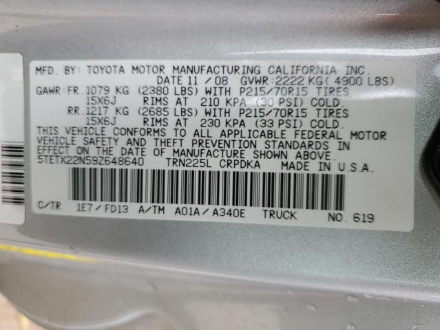 5TETX22N59Z648640 - 2009 TOYOTA TACOMA ACCESS CAB SILVER photo 12