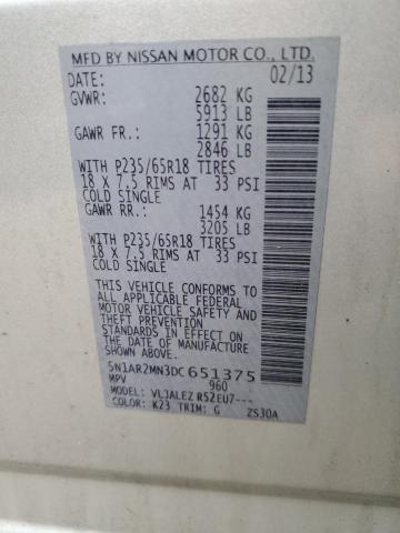 5N1AR2MN3DC651375 - 2013 NISSAN PATHFINDER S 银色 照片 14