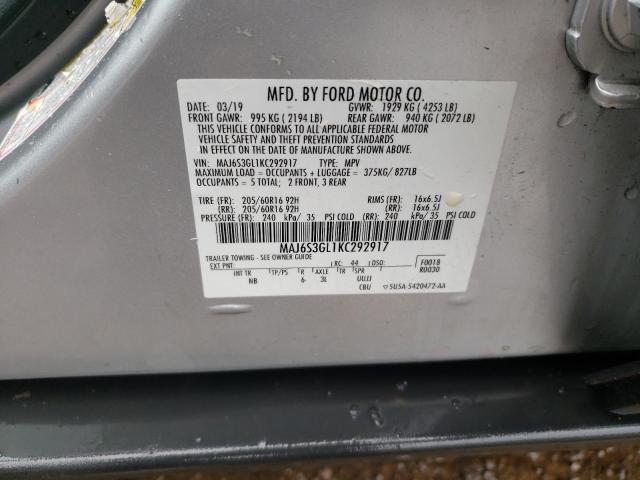 MAJ6S3GL1KC292917 - 2019 FORD ECOSPORT SE GRAY photo 12