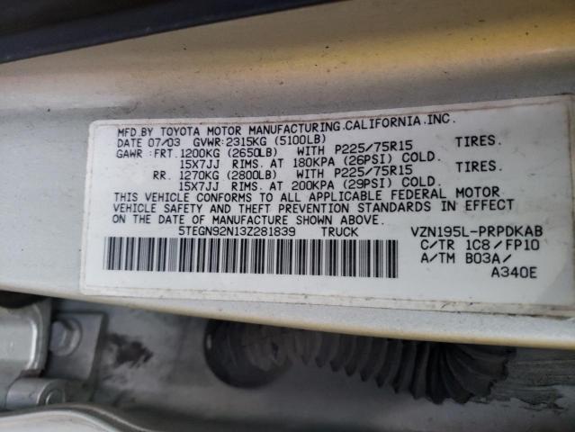 5TEGN92N13Z281839 - 2003 TOYOTA TACOMA DOUBLE CAB PRERUNNER SILVER photo 12