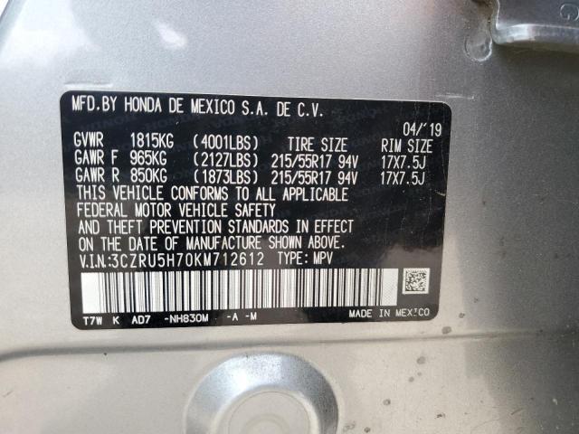 3CZRU5H70KM712612 - 2019 HONDA HR-V EXL SILVER photo 12