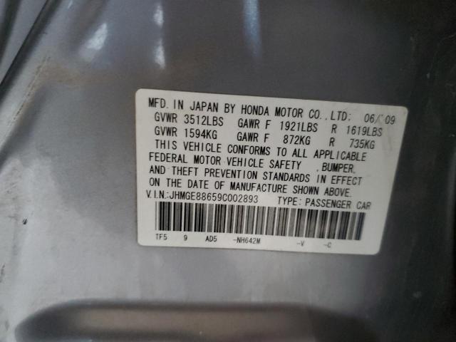 JHMGE88659C002893 - 2009 HONDA FIT SPORT GRAY photo 12