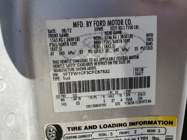 1FTFW1CF3CFC67522 - 2012 FORD F150 SUPERCREW SILVER photo 12