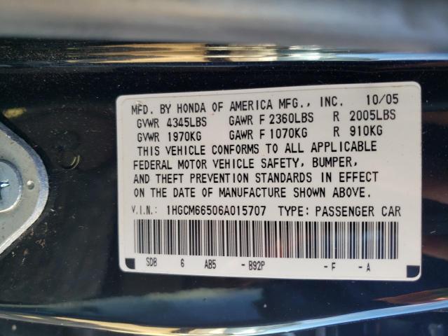 1HGCM66506A015707 - 2006 HONDA ACCORD EX BLACK photo 10