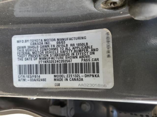 2T1KR32E24C202567 - 2004 TOYOTA COROLLA MA XR GRAY photo 14