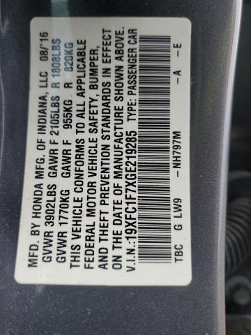 19XFC1F7XGE219285 - 2016 HONDA CIVIC EXL გრაფიტი ფოტო 12