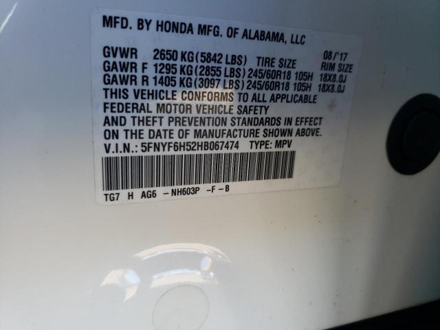 5FNYF6H52HB067474 - 2017 HONDA PILOT EXL WHITE photo 13