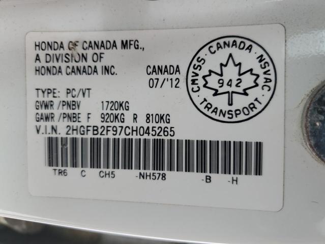 2HGFB2F97CH045265 - 2012 HONDA CIVIC EXL თეთრი ფოტო 13