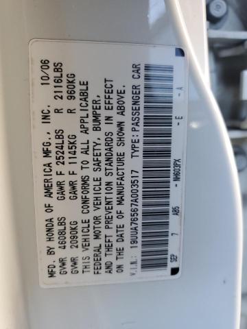 19UUA76567A003517 - 2007 ACURA TL TYPE S WHITE photo 12