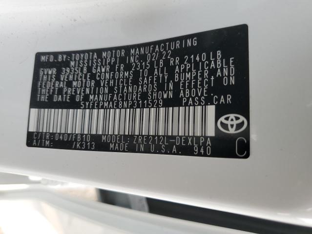 5YFEPMAE8NP311529 - 2022 TOYOTA COROLLA LE WHITE photo 12