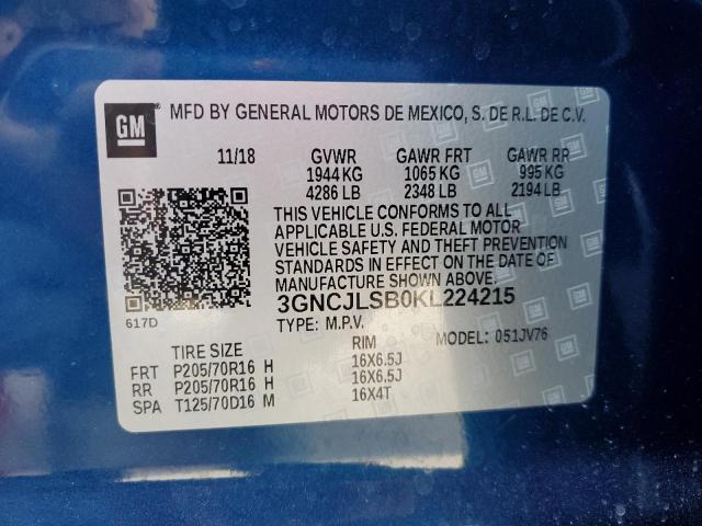 3GNCJLSB0KL224215 - 2019 CHEVROLET TRAX 1LT BLUE photo 13