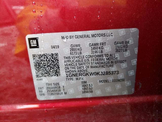 1GNERGKW0KJ285373 - 2019 CHEVROLET TRAVERSE LT 红色 照片 14