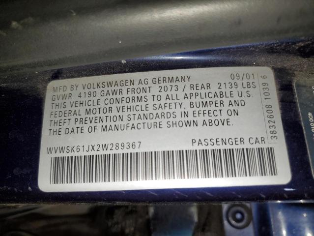 WVWSK61JX2W289367 - 2002 VOLKSWAGEN JETTA GLS BLUE photo 13