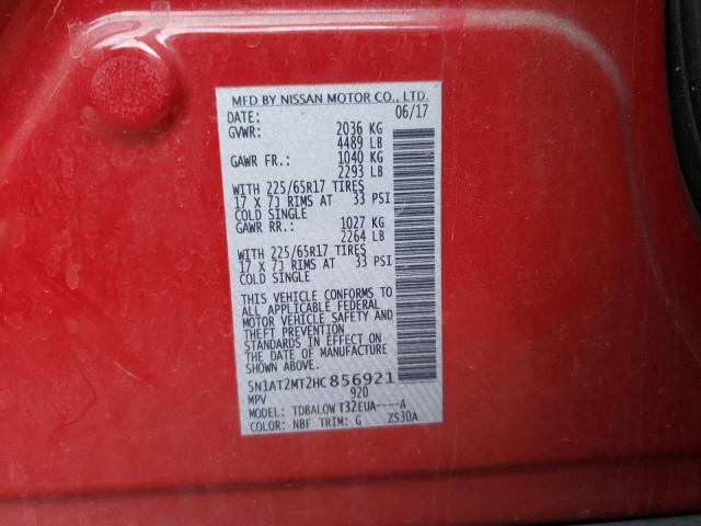 5N1AT2MT2HC856921 - 2017 NISSAN ROGUE S RED photo 12