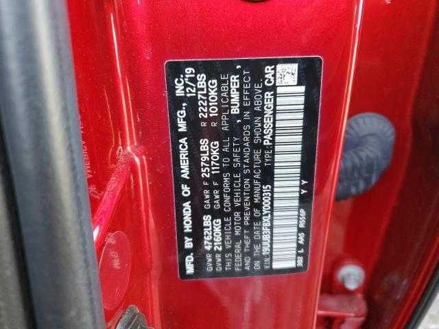 19UUB3F8XLY000315 - 2020 ACURA TLX ADVANCE RED photo 12