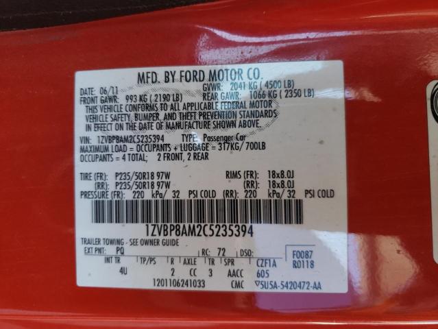 1ZVBP8AM2C5235394 - 2012 FORD MUSTANG RED photo 12