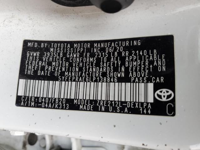 5YFEPRAE6LP138846 - 2020 TOYOTA COROLLA LE WHITE photo 12