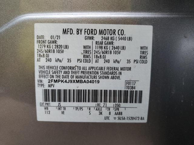 2FMPK4J9XMBA04019 - 2021 FORD EDGE SEL SILVER photo 12