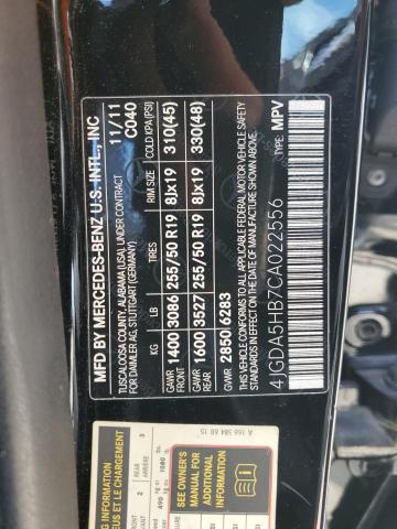 4JGDA5HB7CA022556 - 2012 MERCEDES-BENZ ML 350 4MATIC BLACK photo 13