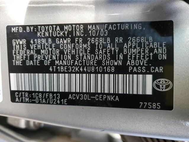 4T1BE32K44U810168 - 2004 TOYOTA CAMRY LE SILVER photo 12