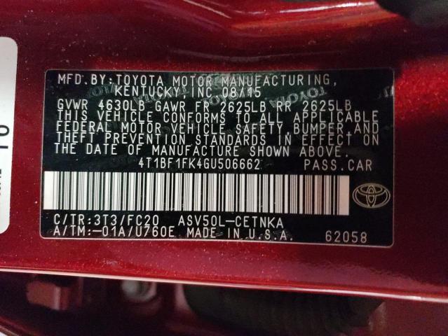 4T1BF1FK4GU506662 - 2016 TOYOTA CAMRY LE RED photo 12