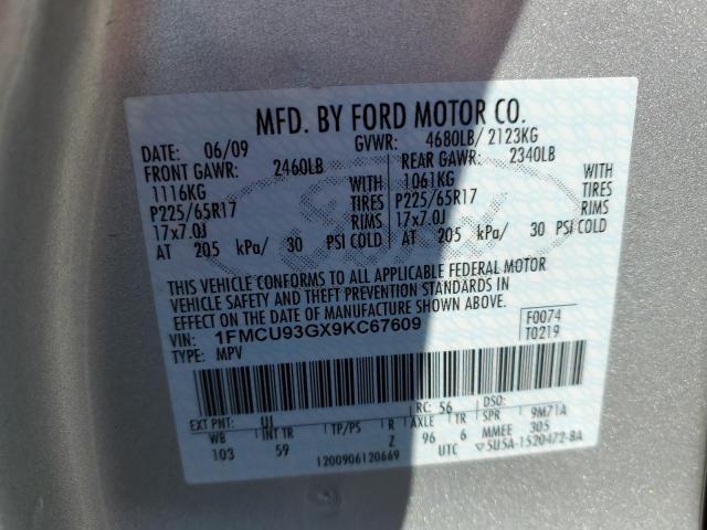 1FMCU93GX9KC67609 - 2009 FORD ESCAPE XLT SILVER photo 12