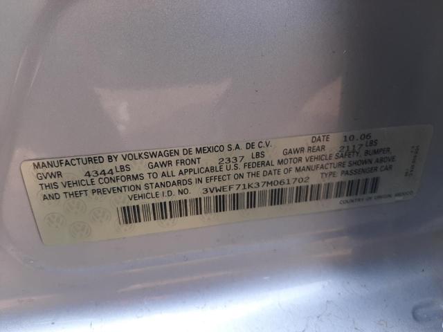 3VWEF71K37M061702 - 2007 VOLKSWAGEN JETTA WOLFSBURG SILVER photo 12