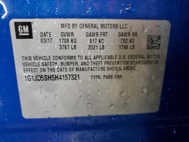 1G1JD5SH5H4157321 - 2017 CHEVROLET SONIC LT BLUE photo 12