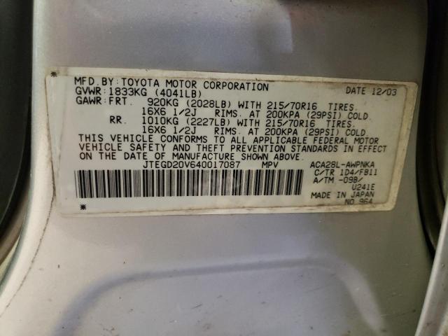 JTEGD20V640017087 - 2004 TOYOTA RAV4 SILVER photo 13