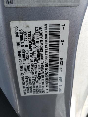 1HGEM22505L051066 - 2005 HONDA CIVIC LX SILVER photo 12