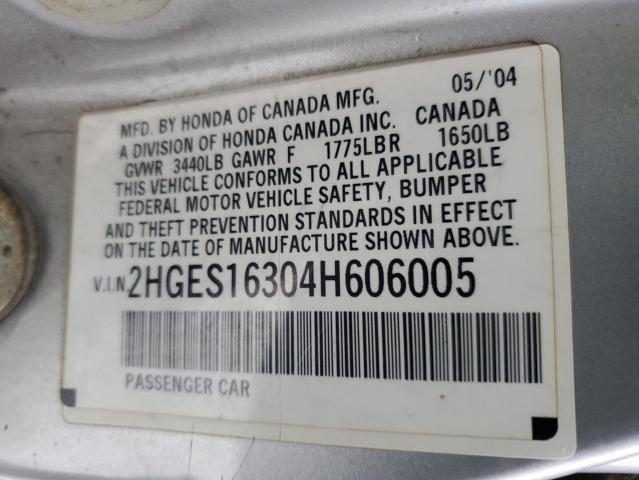 2HGES16304H606005 - 2004 HONDA CIVIC DX VP SILVER photo 12