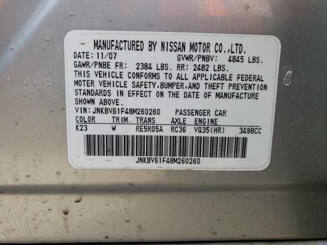 JNKBV61F48M260260 - 2008 INFINITI G35 SILVER photo 12