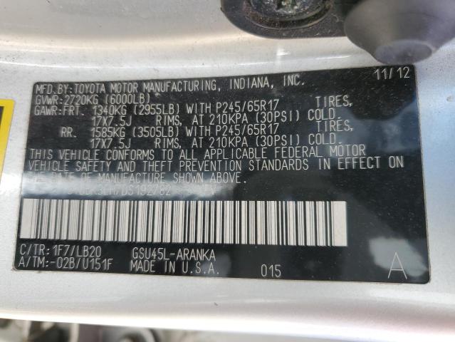 5TDBK3EH7DS192782 - 2013 TOYOTA HIGHLANDER BASE SILVER photo 13